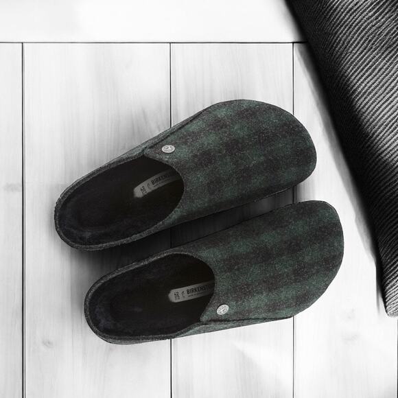 Birkenstock Zermatt Black Shearling Wool Felt Plaid Green - Picture 1 of 11